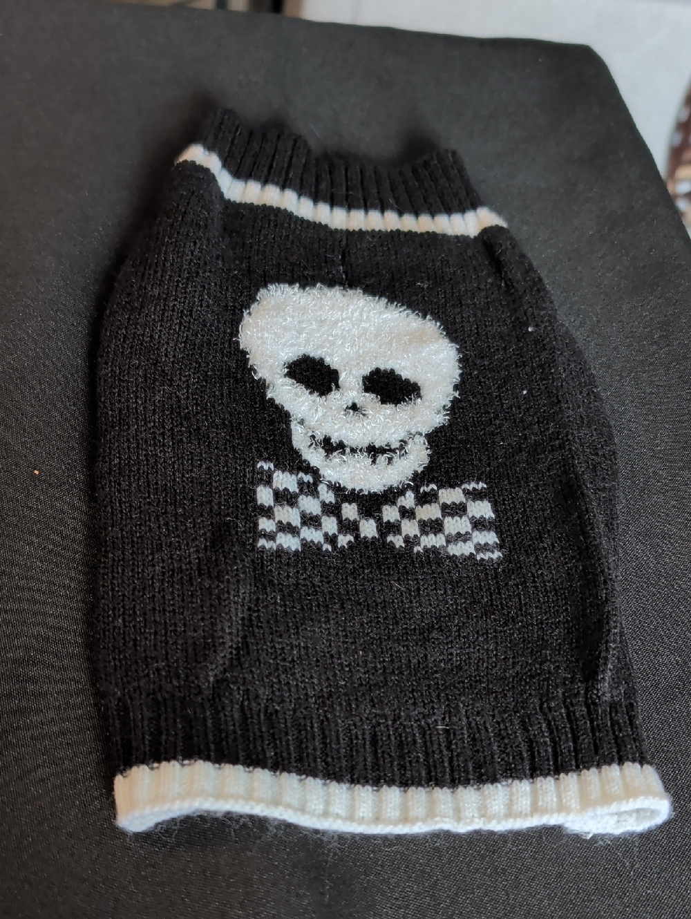 Dog Clothes- Size Small Black Skull Knit Sweater with White Trim
